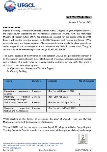 Microsoft Word - UEGCL sends O&M staff to Kafue Gorge Press Release