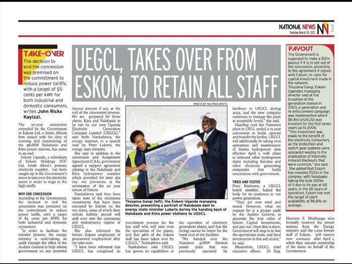 UEGCL, takes over ESKOM to Retain all Staff