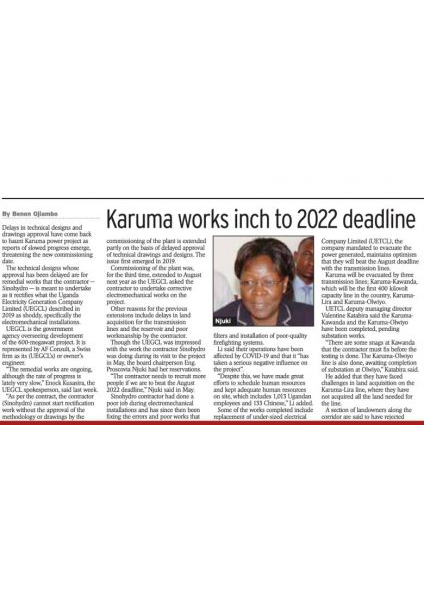 Karuma works inch to 2022 deadline