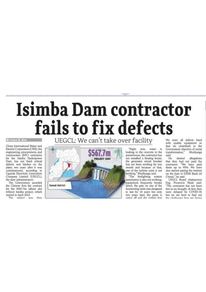 Isimba Contractor fails to fix defects