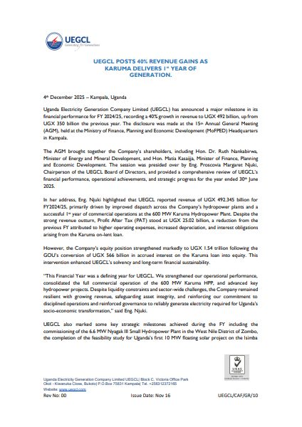 UEGCL Posts 40% Revenue Gains as Karuma Delivers 1st Year of Generation
