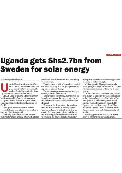 Uganda gets UGX 2.7bn from Sweden for Solar Energy