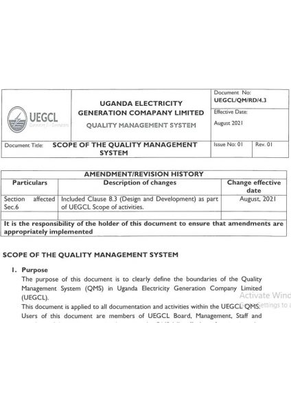 Scope of Quality Management System