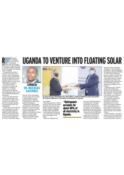 Uganda to Venture into Floating Solar